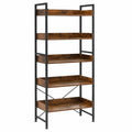 HOMASIS Libreria a 6 Ripiani Regolabili con 4 Ganci, Scaffale Industriale in Legno per Soggiorno e Cucina, Capacità 120 kg, Colore Marrone
