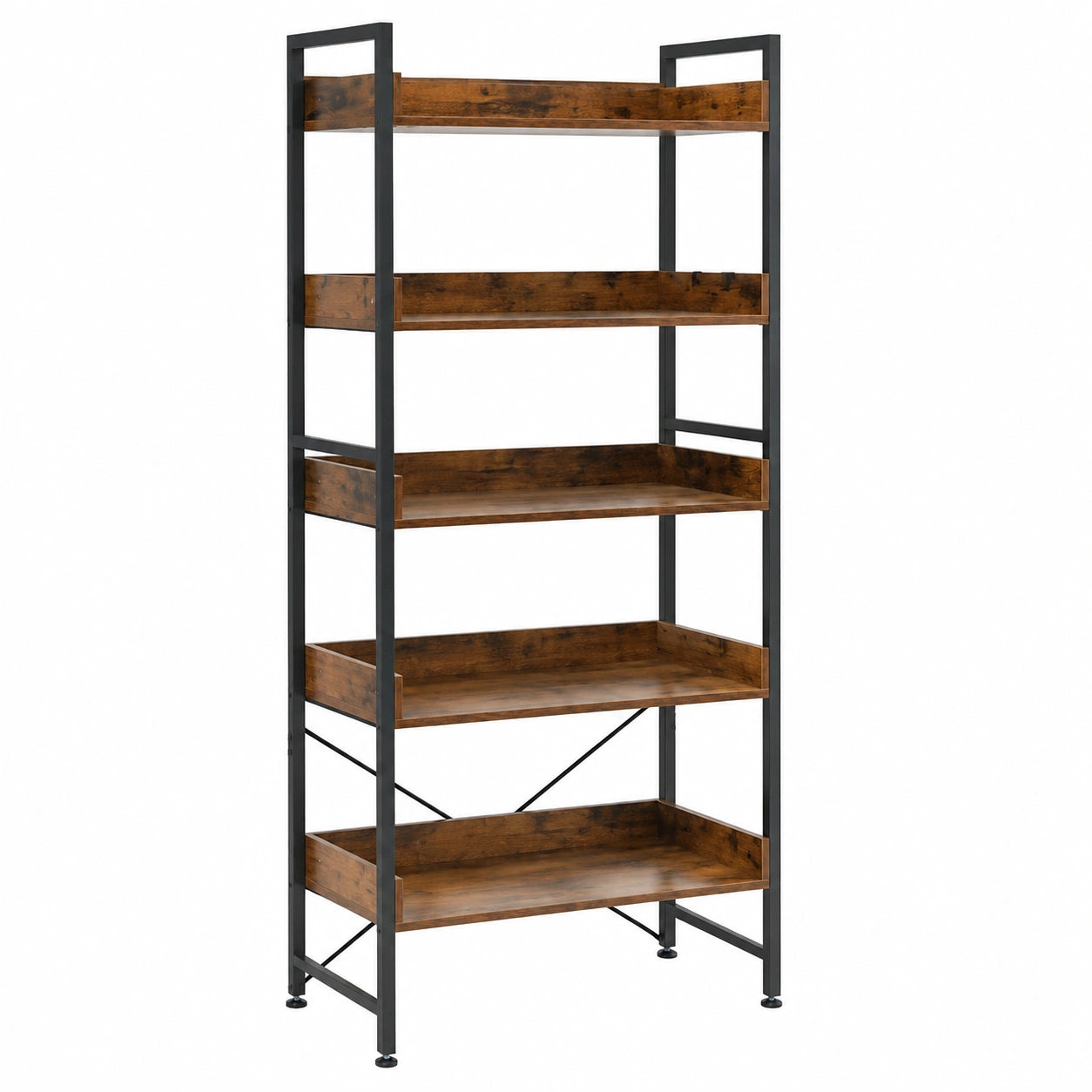 HOMASIS Libreria a 6 Ripiani Regolabili con 4 Ganci, Scaffale Industriale in Legno per Soggiorno e Cucina, Capacità 120 kg, Colore Marrone