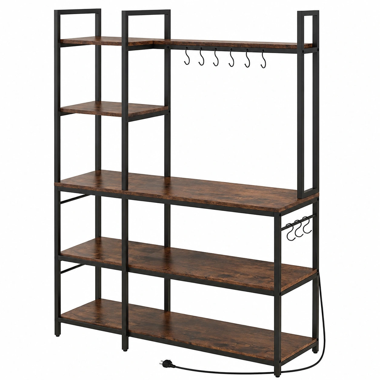 Scaffale Cucina 5 Ripiani e 10 Ganci, Salvaspazio per Microonde e Accessori, Stile Industriale, 107x37x160 cm