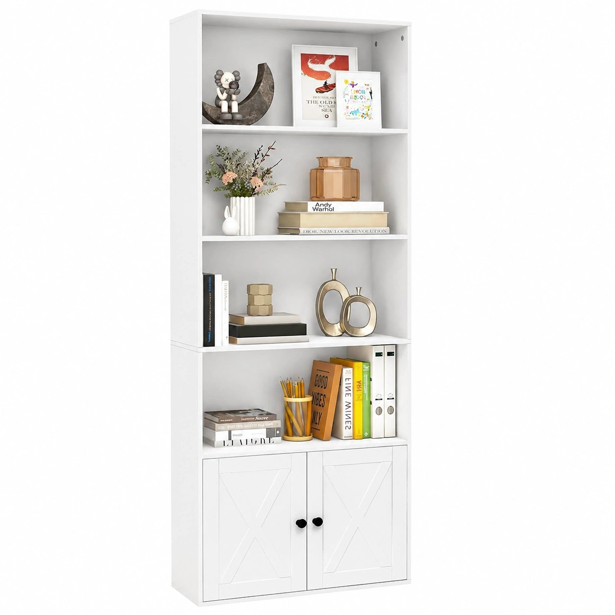Scaffale in Legno con 6 Ripiani e Ante, Mobile Versatile per Soggiorno e Cucina, 60x24x180 cm, Bianco