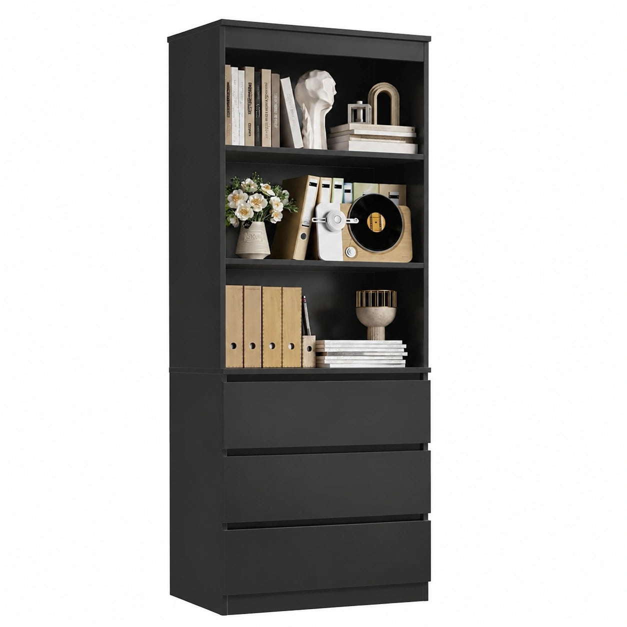 Libreria FirFurd Nero con Cassetto e 3 Ripiani Aperte, Mobile Multifunzionale in Legno 60x35x180cm
