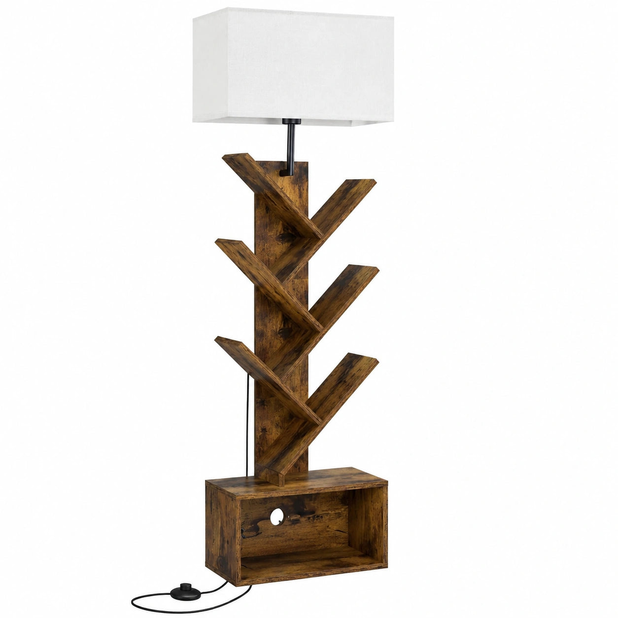 Scaffale ad Albero in Legno con Illuminazione e Telecomando, Libreria Salvaspazio a 6 Ripiani per Soggiorno e Ufficio