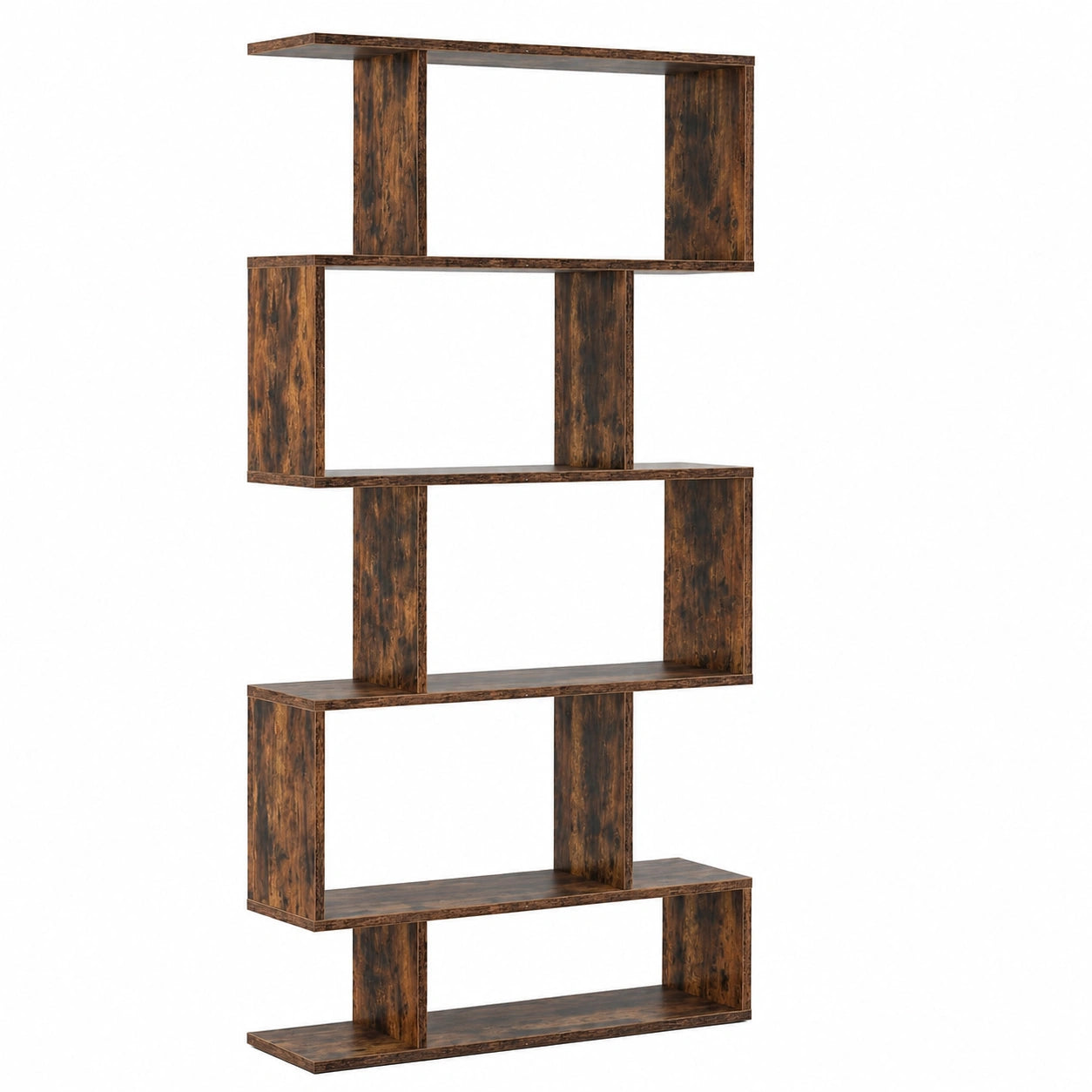 HOMASIS Libreria Verticale a Forma di S in Legno, Scaffale a 5 Ripiani per Soggiorno, Camera da Letto e Ufficio, 70x23,5x158cm (Marrone)