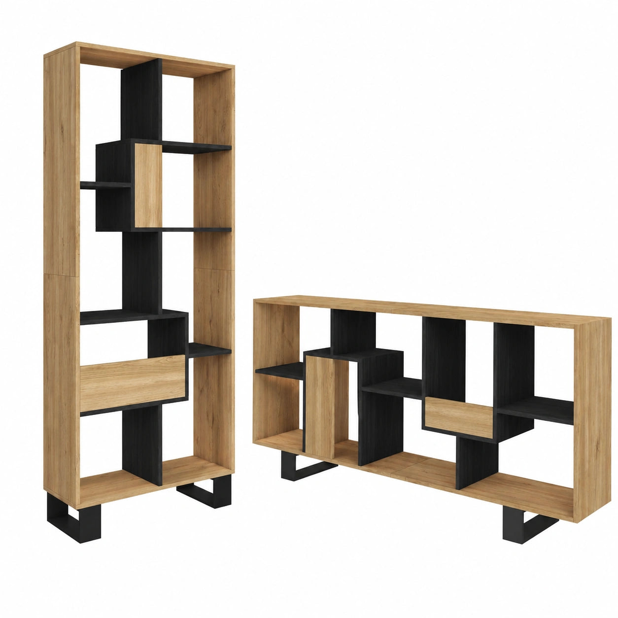 Libreria in Legno con Ripiani 174x67x31cm, Design Industriale, Rovere e Nero