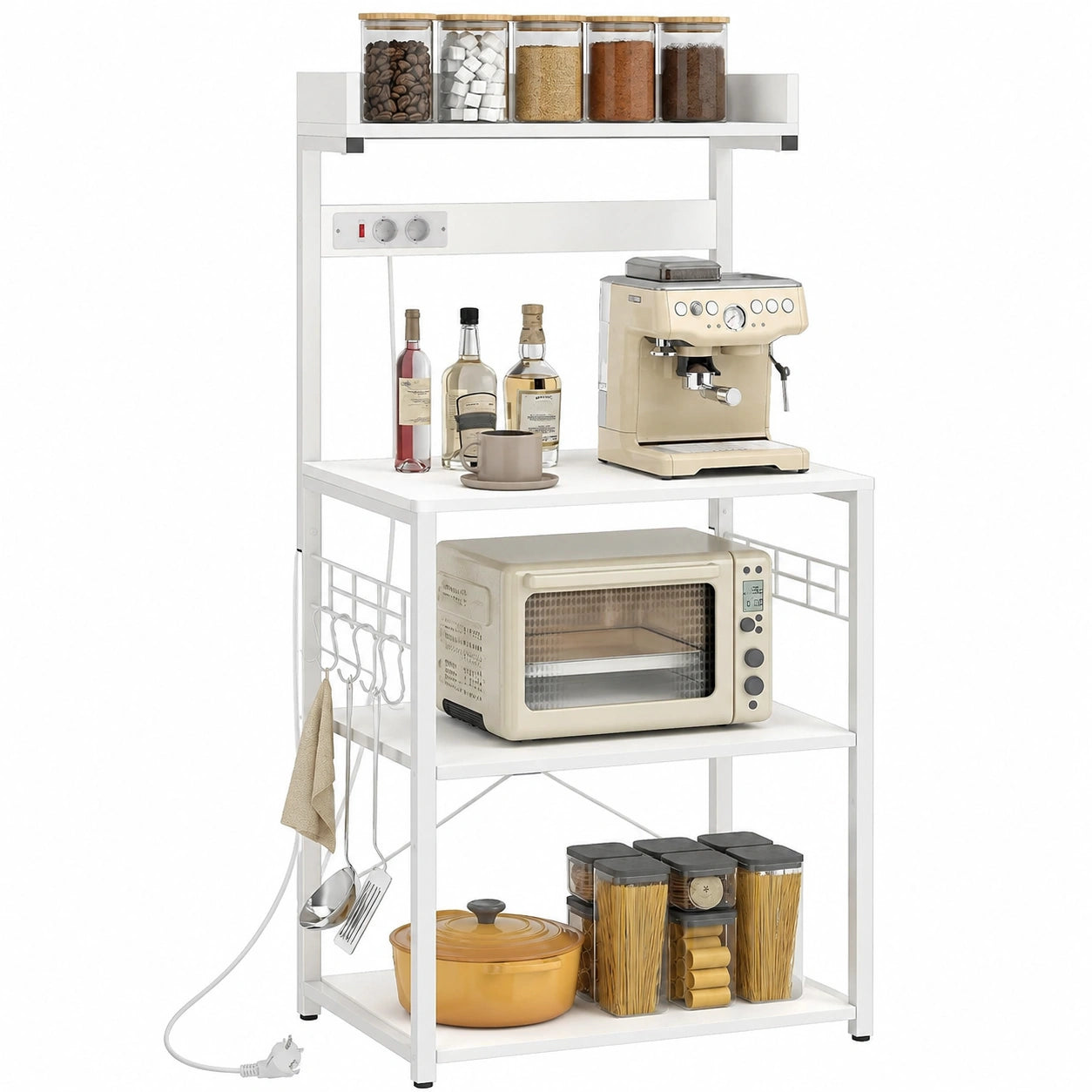 HOMCOM Scaffale Cucina Industriale con Prese Elettriche, Ripiani Regolabili, Ganci e Ripiano Microonde, 60x42x137 cm, Bianco